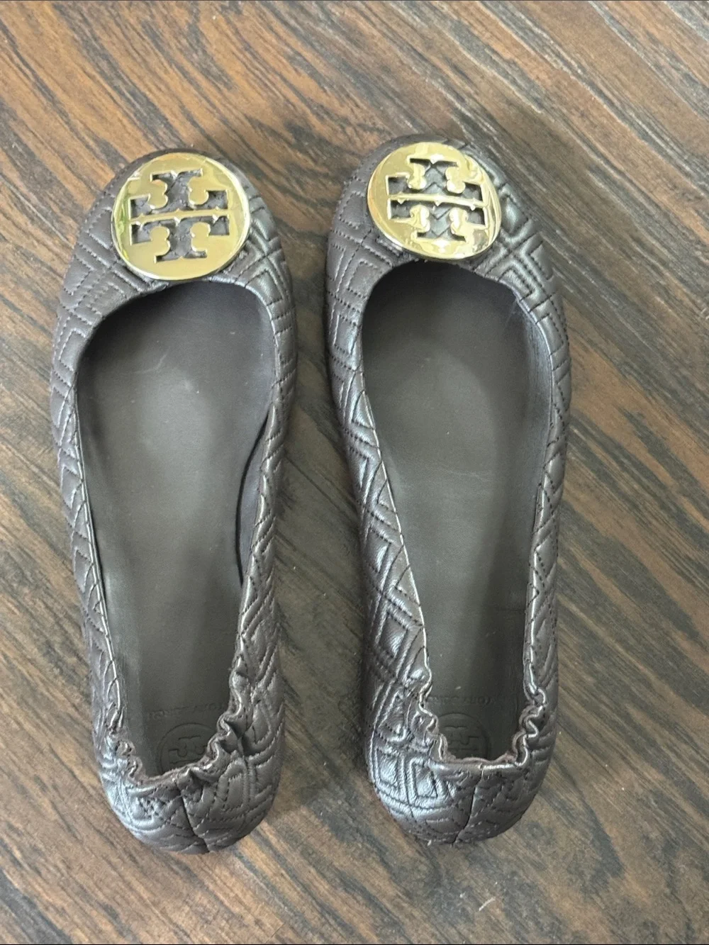 Tory Burch Quilted Dark Brown Leather Ballet Flats with Gold Logo